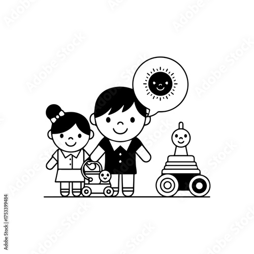 Two children a toy stroller and a wheeled toy with a speech bubble