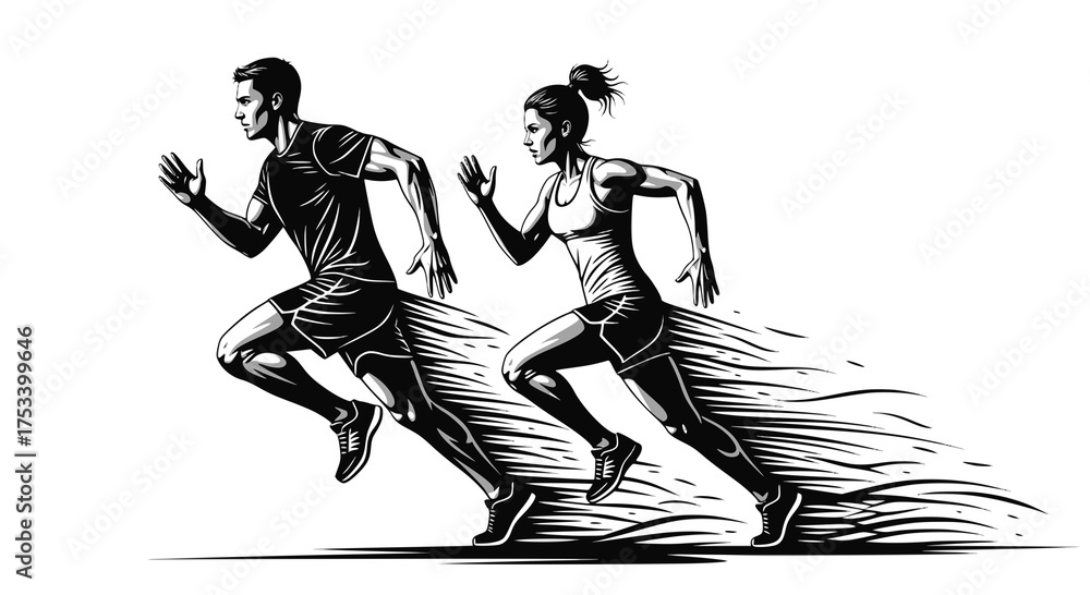 Obraz premium Running man and woman, isolated vector silhouettes. Run, side view. Silhouettes of athletic looking male and female runners running. Transparent PNG version.