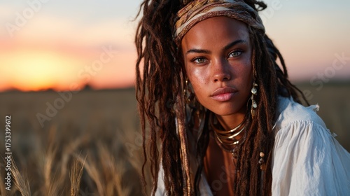 Stunning close-up of a woman with luscious dreadlocks, adorned with accessories, gazing at the sunset in a golden field, radiating beauty and strength.