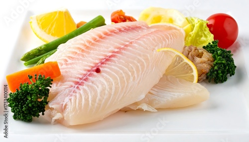 A raw fish fillet, light in color, is artfully arranged on a white plate with vibrant vegetables. Lemon slices add visual appeal