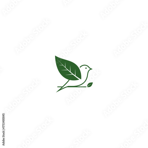 Stylized green bird with leaf wing and tail on white