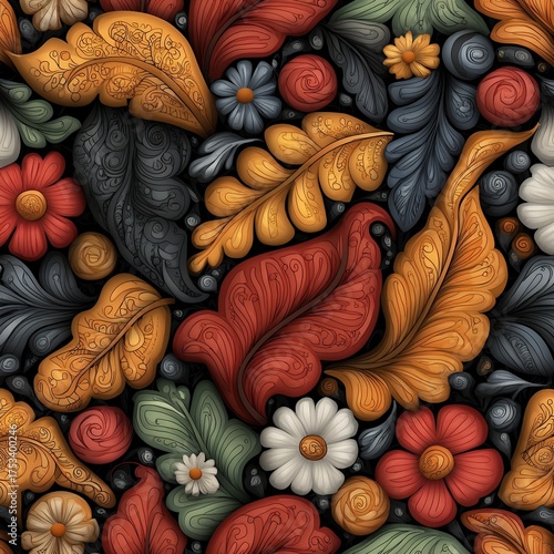 Dark Autumn Floral Seamless Pattern with Intricate Leaves and Berries