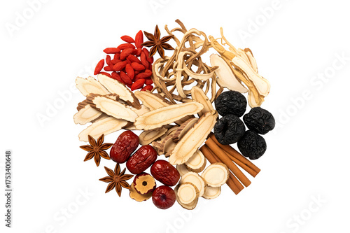 Group of dried Chinese herbs seen up close, ready for making a healthy soup or bouillon, and also for Chinese medicinal purposes, all on a white background.