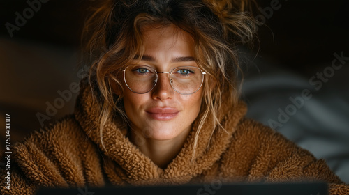 Young woman in casual cardigan taking an online class on her laptop, cozy minimalist interior, cinematic ultra-realistic atmosphere