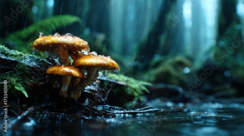 A captivating close-up of vibrant mushrooms nestled in a lush forest, highlighted by raindrops, creating an enchanting scene that represents nature's beauty and tranquility.