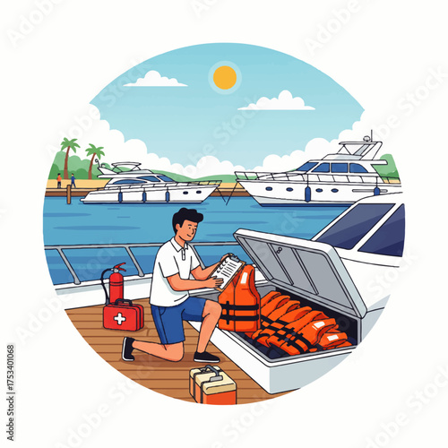 Man checks safety equipment on a boat, including life vests and first aid kit.