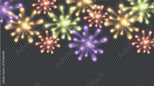 Vector Realistic Light Flares and Fireworks – Holiday Lights and Magic Effects on Transparent Background – Christmas Night Sky for Poster, Postcard, or Design - PNG