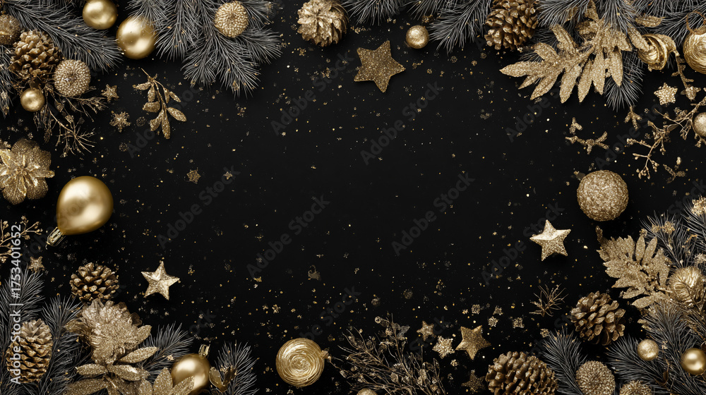 Obraz premium A luxurious flat lay of golden and bronze Christmas decorations with pine branches and cones framing a dark, textured background with copy space.