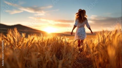 A silhouette of a woman wearing a hat walks gracefully through golden wheat fields during sunset, representing freedom, beauty, and the essence of nature.