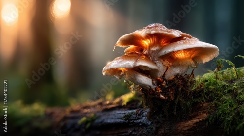 Enchanting mushrooms illuminated by gentle morning light, bringing out their delicate textures and colors, set in a picturesque forest environment full of life.