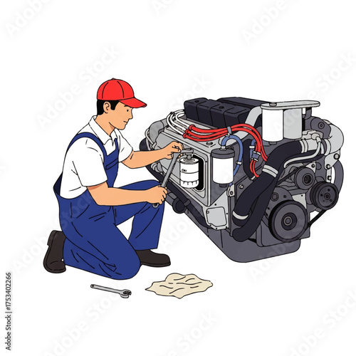 Illustration of a mechanic working on a large engine with a wrench.