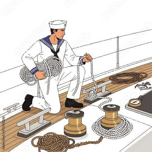 Illustration of a sailor kneeling on a boat deck handling ropes.