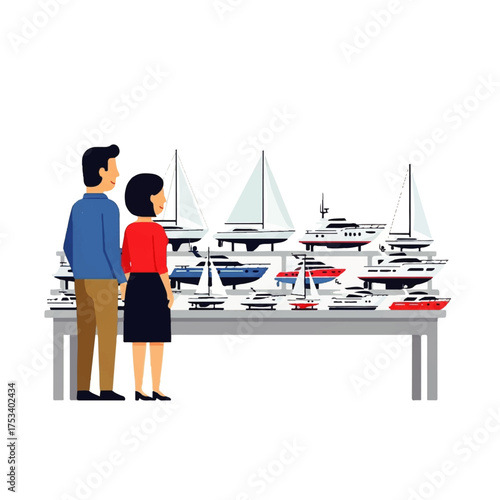 Couple looking at a display of model boats and yachts on a table.