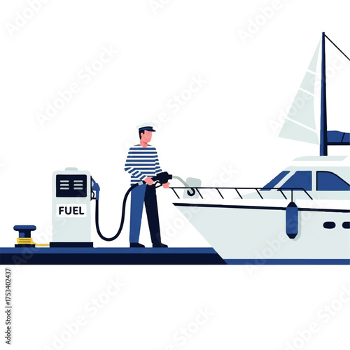 Illustration of a man fueling a boat at a dockside fuel pump.