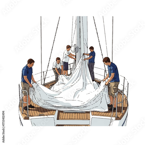 Illustration of people folding a sail on a boat deck.