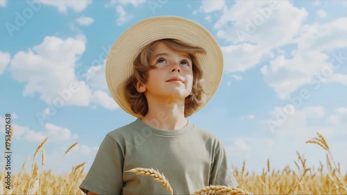 Young boy wearing a straw hat stands in a golden wheat field looking up at the blue sky on a sunny day