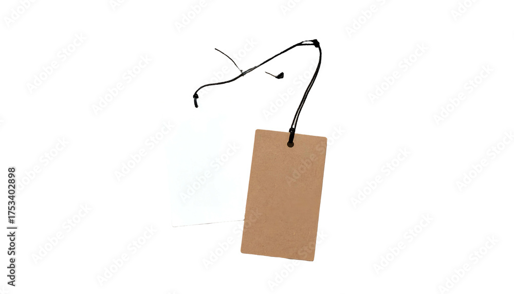 Naklejka premium Two rectangular tags, one white, one brown, dangling from strings against a black background