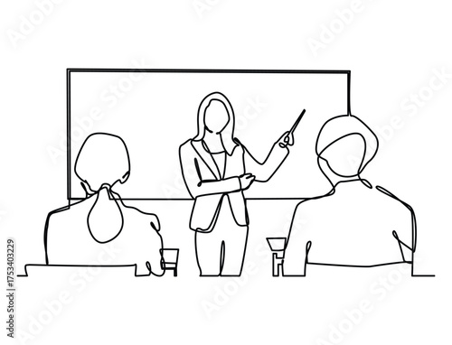 Continuous one line art of female teacher teaching students in classroom.