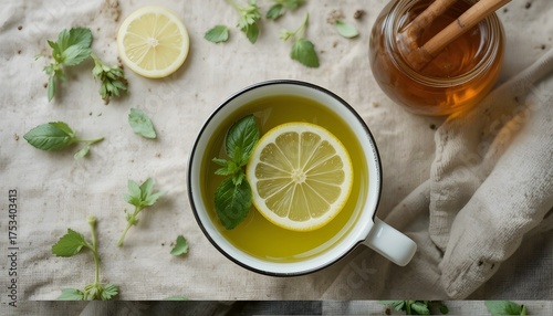 Top view of green tea cup with lemon slice, mint leaves, and honey jar on linen fabric.