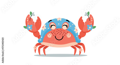 A cheerful cartoon crab wearing a floral patterned shell and raising its claws.