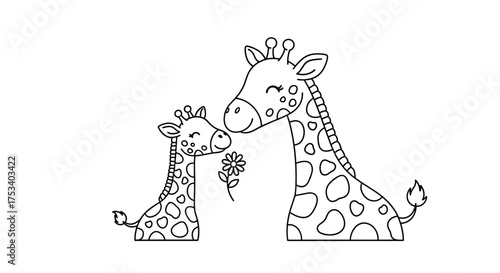 A mother giraffe and her baby sharing a sweet moment with a flower.