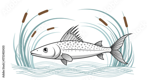 A lively fish swims through the reeds of a serene lake.