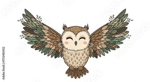 A charming owl with open wings adorned with natural elements.