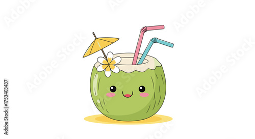 A cute green coconut drink with two straws and a flower umbrella.