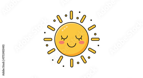 Cute happy sun with closed eyes and rosy cheeks smiling brightly.
