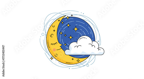 A gentle crescent moon peeks through swirling clouds under a starry night sky.