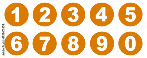 Numbers button circles orange set. Round 1-10 numbers icon
