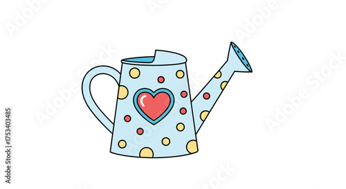 A cute cartoon watering can decorated with polka dots and a heart symbol.