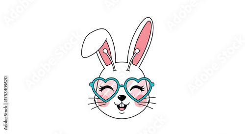 A cute cartoon bunny wearing heart shaped sunglasses and smiling brightly for a fun summer day.