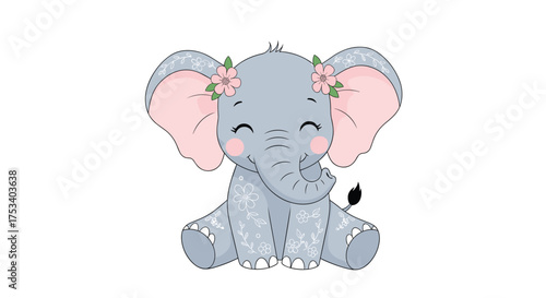 An adorable and cheerful baby elephant with pink floral decorations sits peacefully on a white background.