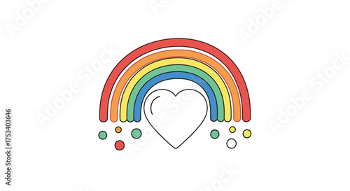 A hand drawn rainbow arcs over a simple heart with colorful dots scattered below.