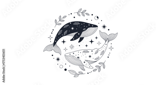 Whale swimming amongst stars and small fish.