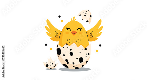 A cute yellow chick breaking out of a speckled egg.