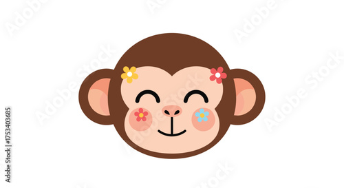 Cute smiling monkey face with colorful flowers on its head.
