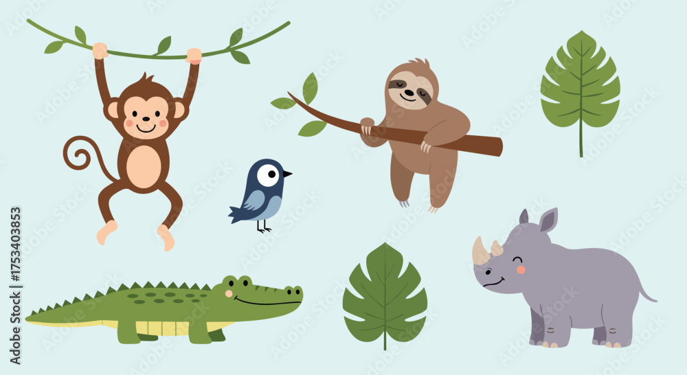 Fototapeta premium Cute jungle animals including a monkey a sloth a rhino and a crocodile with leaves.