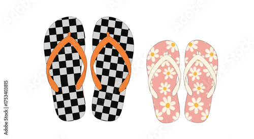 Two pairs of flip flops one with checkerboard pattern and orange straps and the other with a pink floral design.