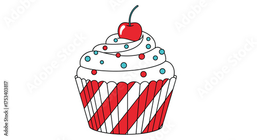 A festive cupcake with swirling white frosting topped with a cherry and sprinkles.