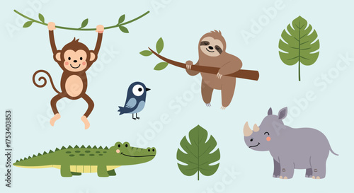 Cute jungle animals including a monkey a sloth a rhino and a crocodile with leaves.