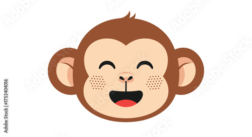 A cute cartoon monkey face smiling with its mouth open and eyes closed.