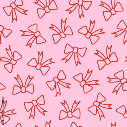 Elegant seamless pattern of red tied bows on a pink  background. Trendy repeat texture for wedding, holiday, party decoration, gift, present concept, wrapping paper. Vector illustration