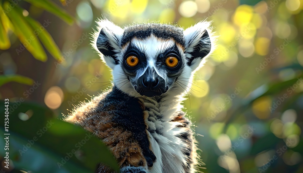 Naklejka premium A ring-tailed primate with piercing orange eyes stares intently from amongst lush green foliage bathed in sunlight