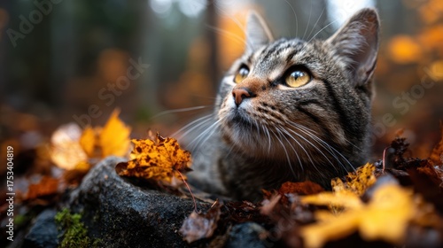 This charming image captures a curious cat gazing upward, surrounded by vibrant autumn leaves in a serene forest setting, evoking feelings of wonder and tranquility.