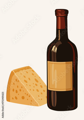 Parmesan and bottle of wine. Vector isolated illustration