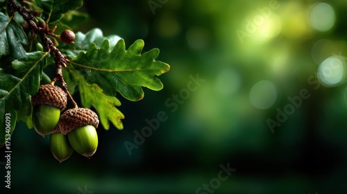 A serene image of acorns dangling from oak leaves, beautifully captured with soft focus and gorgeous natural light, evoking feelings of nature's beauty and growth.