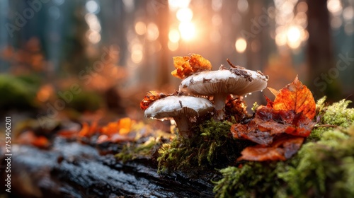 Delicate mushrooms emerge from a mossy log, surrounded by vibrant autumn leaves, creating a picturesque scene that celebrates the beauty of nature and the changing seasons.