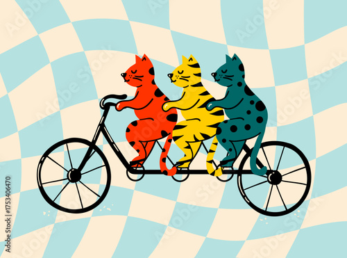 A funny and quirky vector illustration of three colorful cats riding a tandem bicycle. This retro, groovy artwork symbolizes teamwork and friendship, perfect for fun and creative projects